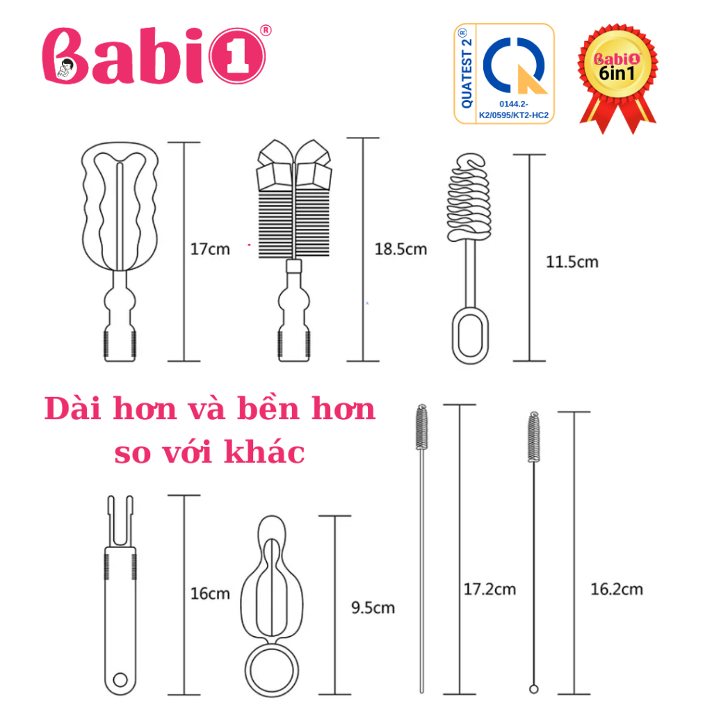 Bộ Cọ Rửa Bình Sữa BABIONE Cây Rửa Bình Sữa Núm Ti, Ống Hút, Đồ Gia Dụng Đa Năng 6 Chi Tiết