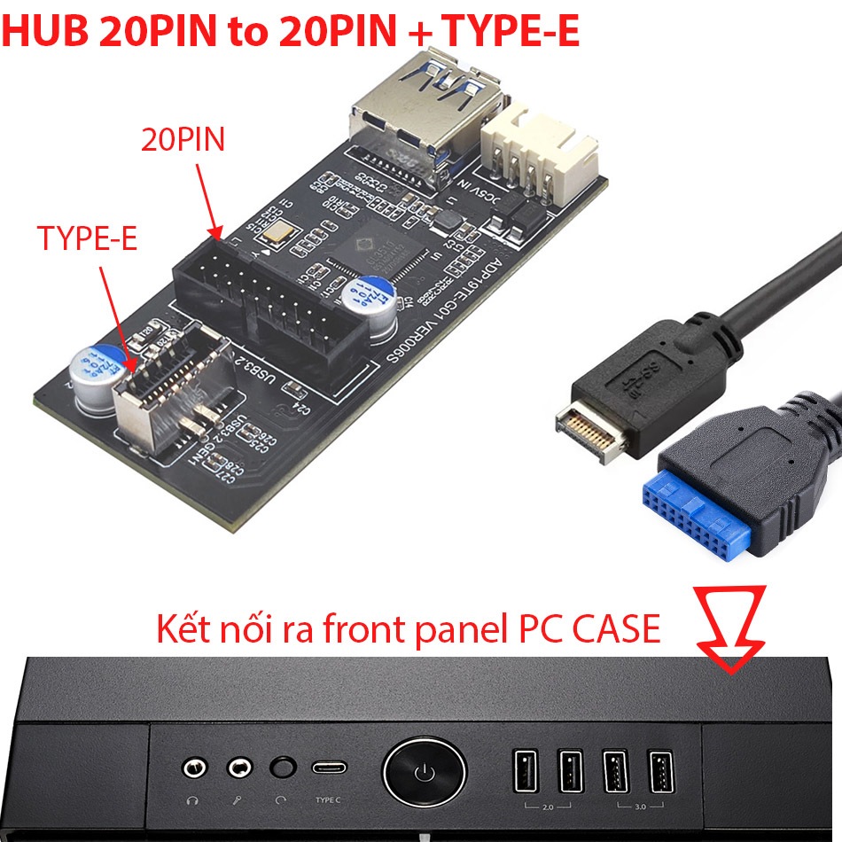 Hub chia USB 20pin ra 20pin + Type E, Dual 20pin lắp đặt USB front ...
