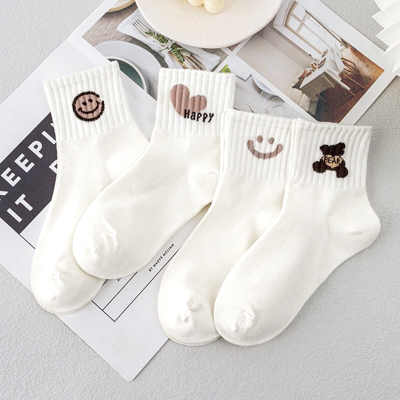 Tất vớ nữ tone trắng họa tiết basic đơn giản dễ phối đồ, chất kiệu cotton co giãn mềm mại - Ekiu Shop