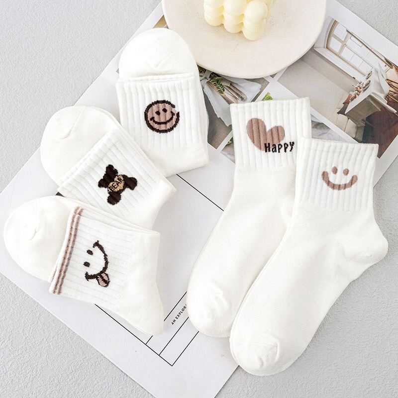 Tất vớ nữ tone trắng họa tiết basic đơn giản dễ phối đồ, chất kiệu cotton co giãn mềm mại - Ekiu Shop