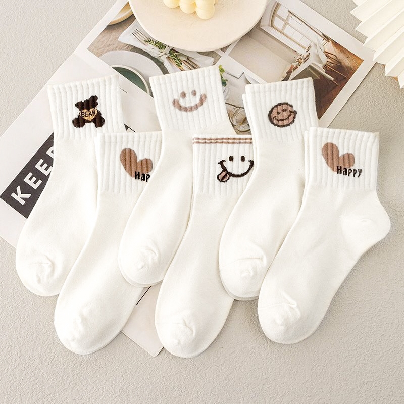 Tất vớ nữ tone trắng họa tiết basic đơn giản dễ phối đồ, chất kiệu cotton co giãn mềm mại - Ekiu Shop
