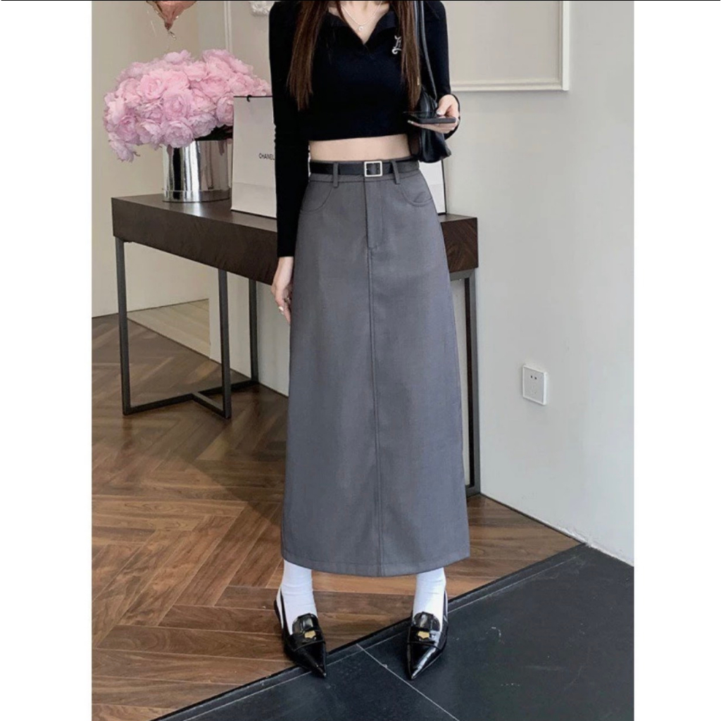 Chân Váy Dáng Suông Dài 90cm Khóa Trước Phối Đai-Chất Liệu Vitex-Chân Váy Công Sở_CV69T