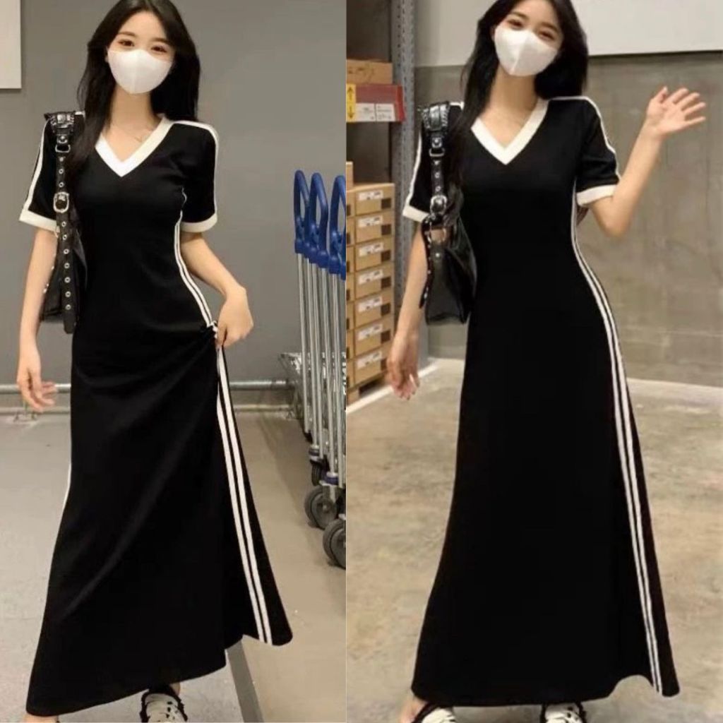 Đầm Suông Form Chữ A Dáng Dài Bigsize ESHOP Đầm Maxi Ôm Body Cổ Tim V Sọc Thể Thao Cho Nữ Đi Làm Đi Tiệc Đẹp Xinh DD68