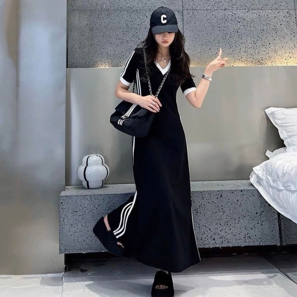 Đầm Suông Form Chữ A Dáng Dài Bigsize ESHOP Đầm Maxi Ôm Body Cổ Tim V Sọc Thể Thao Cho Nữ Đi Làm Đi Tiệc Đẹp Xinh DD68
