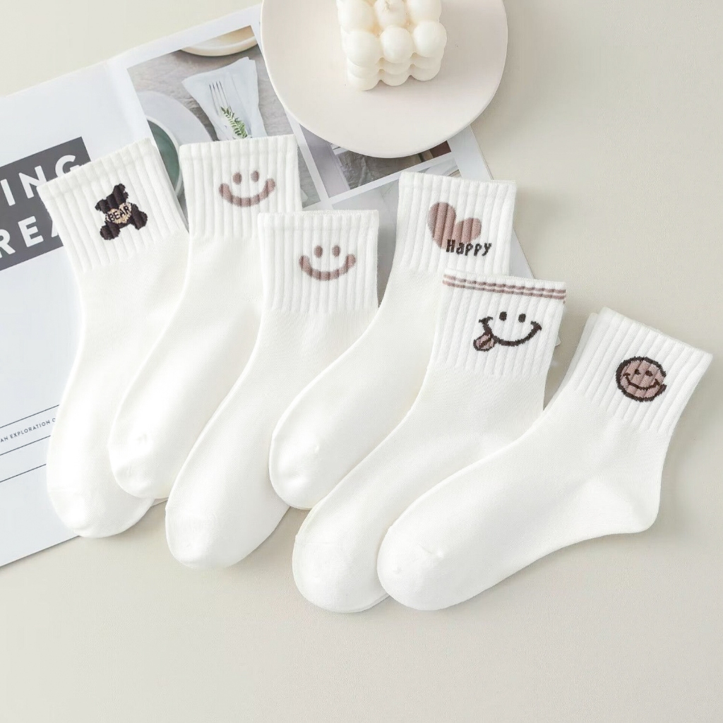 Tất vớ nữ tone trắng họa tiết basic đơn giản dễ phối đồ, chất kiệu cotton co giãn mềm mại - Ekiu Shop