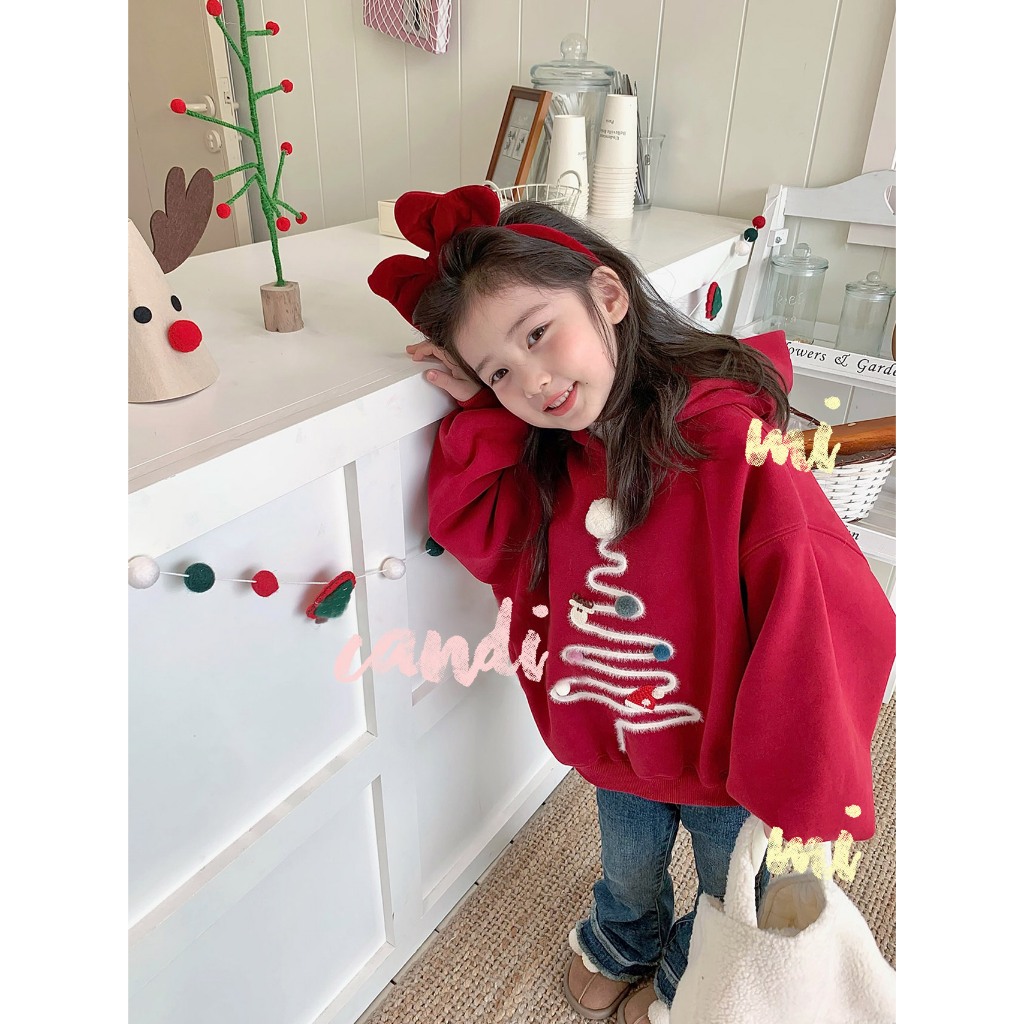 CANDIMIMI Áo Hoodie Nỉ 100% Cotton Hình Cây Thông Giáng Sinh - Có Mũ Tai Dễ Thương - Unisex Cho Bé Trai Và Bé Gái