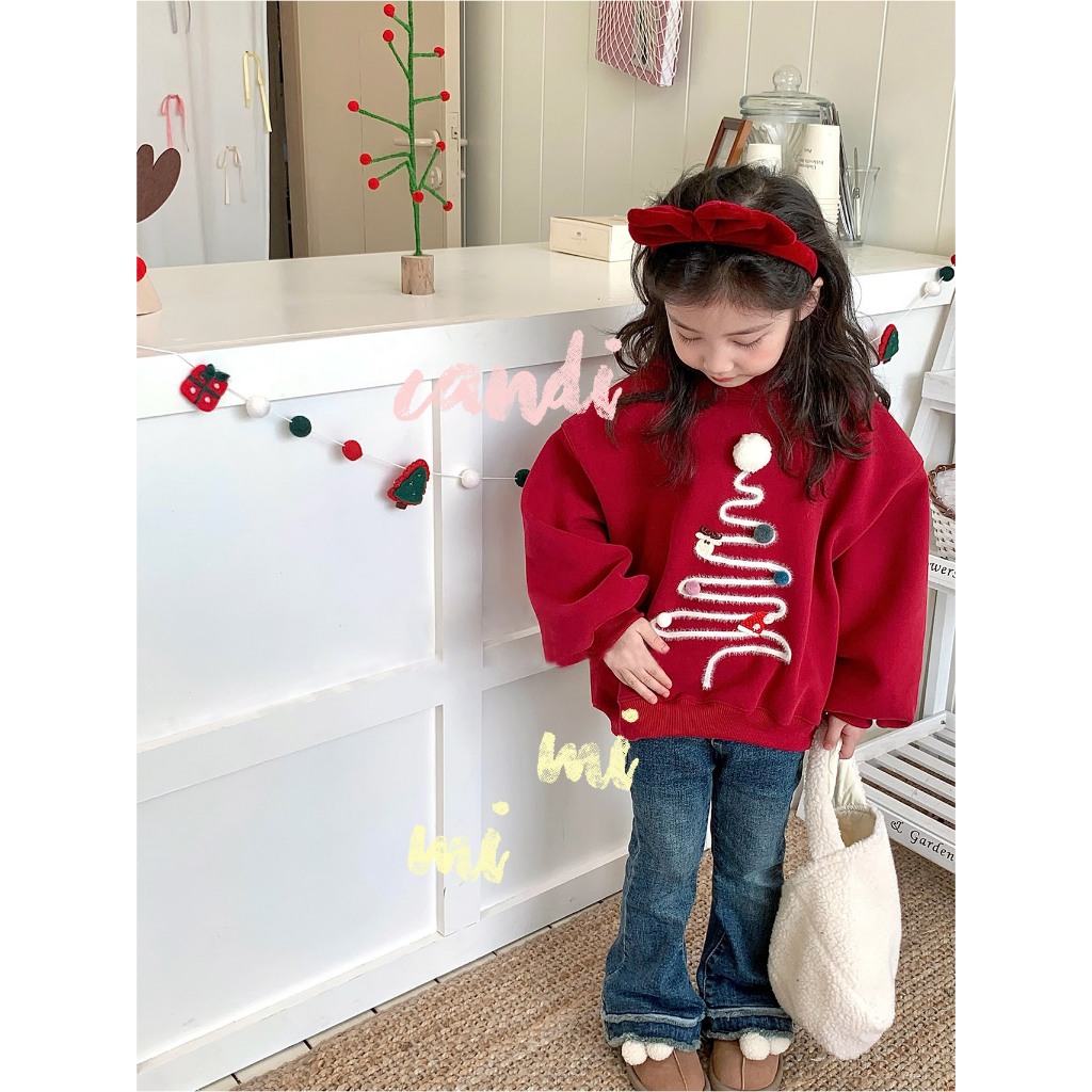 CANDIMIMI Áo Hoodie Nỉ 100% Cotton Hình Cây Thông Giáng Sinh - Có Mũ Tai Dễ Thương - Unisex Cho Bé Trai Và Bé Gái
