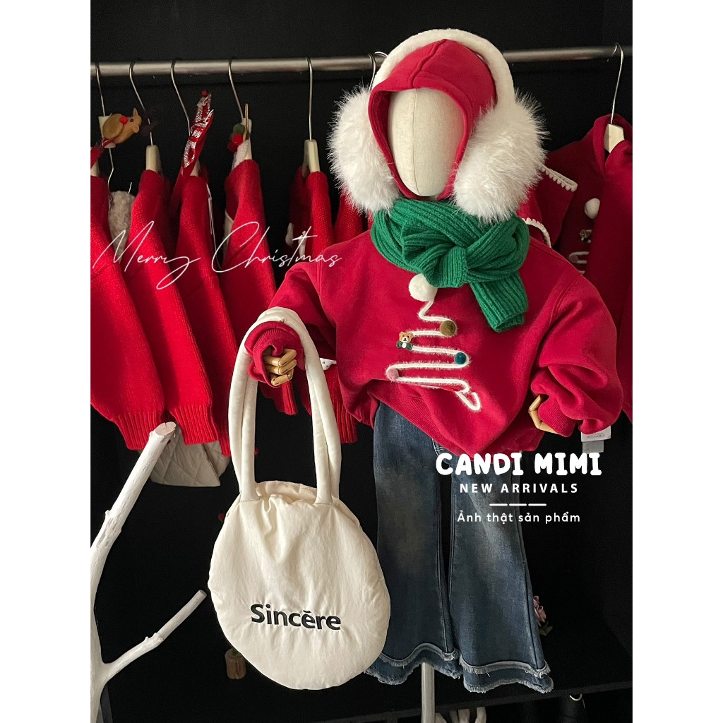 CANDIMIMI Áo Hoodie Nỉ 100% Cotton Hình Cây Thông Giáng Sinh - Có Mũ Tai Dễ Thương - Unisex Cho Bé Trai Và Bé Gái
