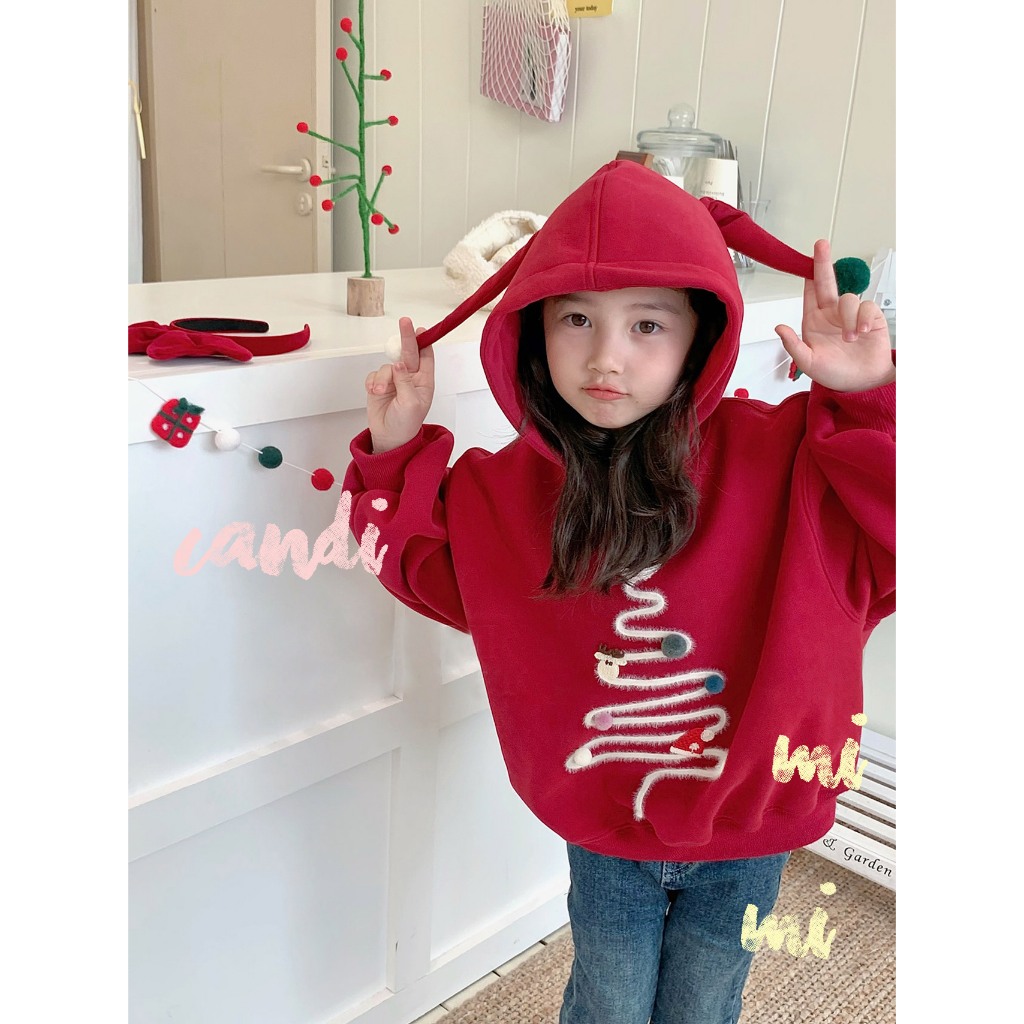 CANDIMIMI Áo Hoodie Nỉ 100% Cotton Hình Cây Thông Giáng Sinh - Có Mũ Tai Dễ Thương - Unisex Cho Bé Trai Và Bé Gái