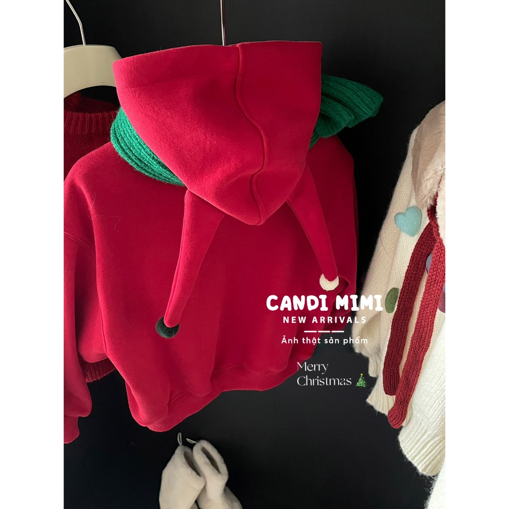 CANDIMIMI Áo Hoodie Nỉ 100% Cotton Hình Cây Thông Giáng Sinh - Có Mũ Tai Dễ Thương - Unisex Cho Bé Trai Và Bé Gái