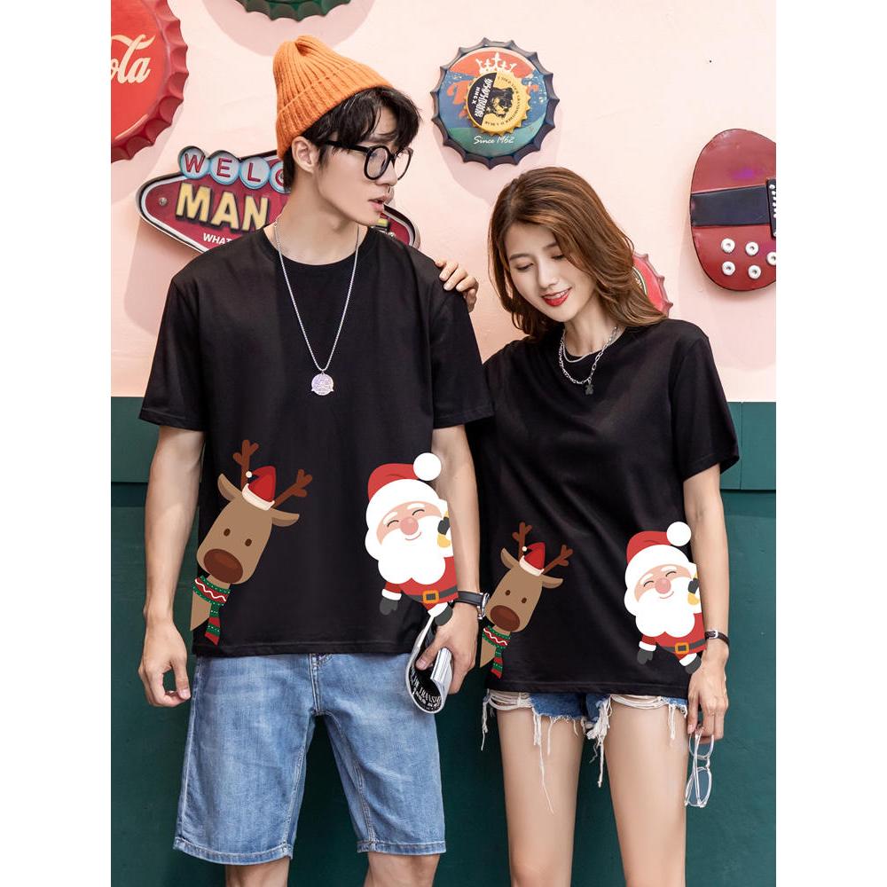 Áo thun cặp đôi HappyFamily - Mẫu  tay lở họa tiết giáng sinh chất cotton 100 cao cấp