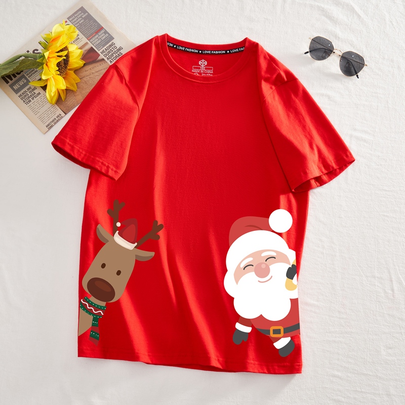 Áo thun cặp đôi HappyFamily - Mẫu  tay lở họa tiết giáng sinh chất cotton 100 cao cấp