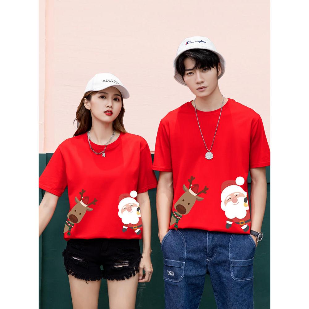 Áo thun cặp đôi HappyFamily - Mẫu  tay lở họa tiết giáng sinh chất cotton 100 cao cấp