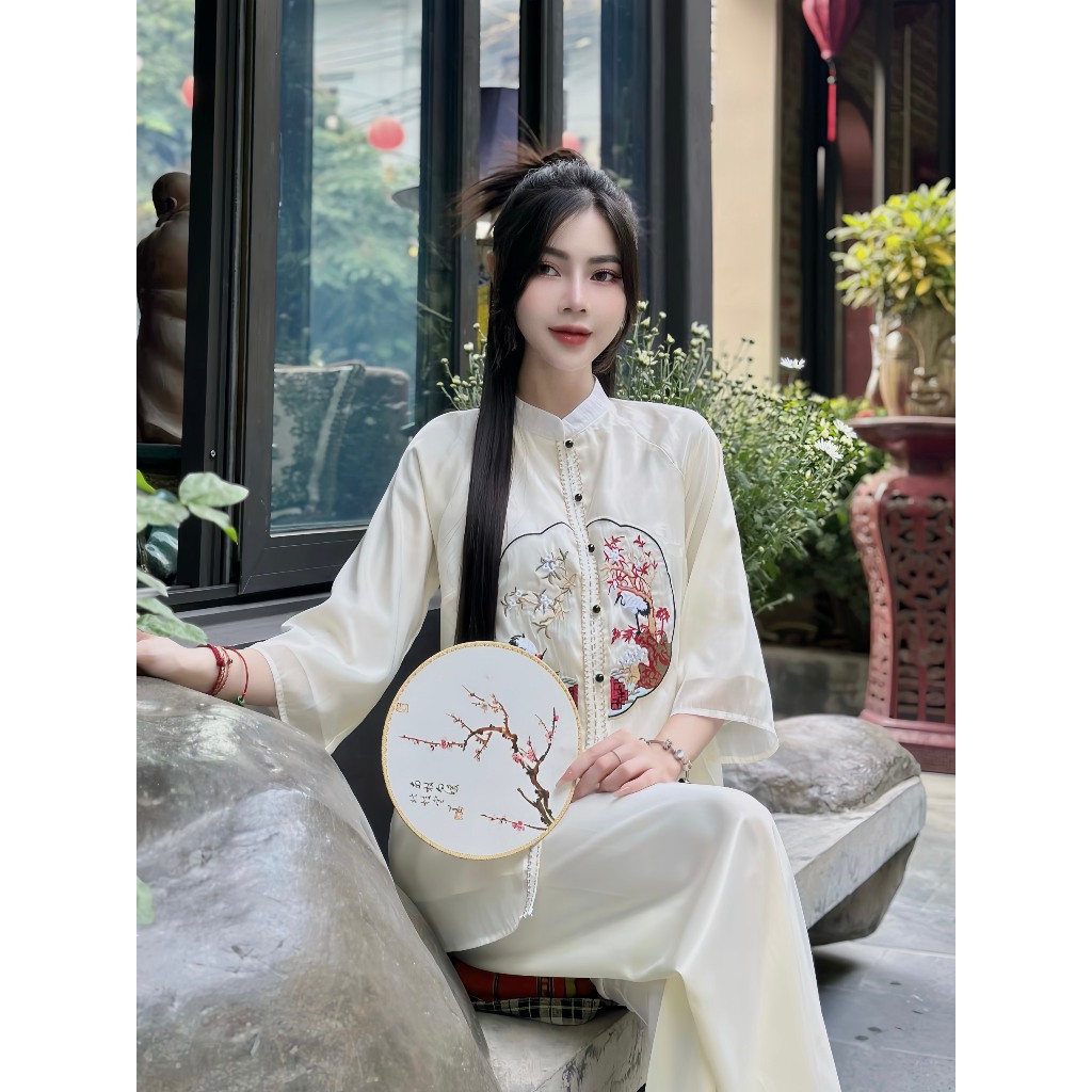Đồ bộ đi chùa thêu hạc lụa voan tơ 2 lớp Pháp phục đi chùa nữ cổ tàu tay lỡ Đồ lam đi lễ dáng xuông cách tân Sang trọng