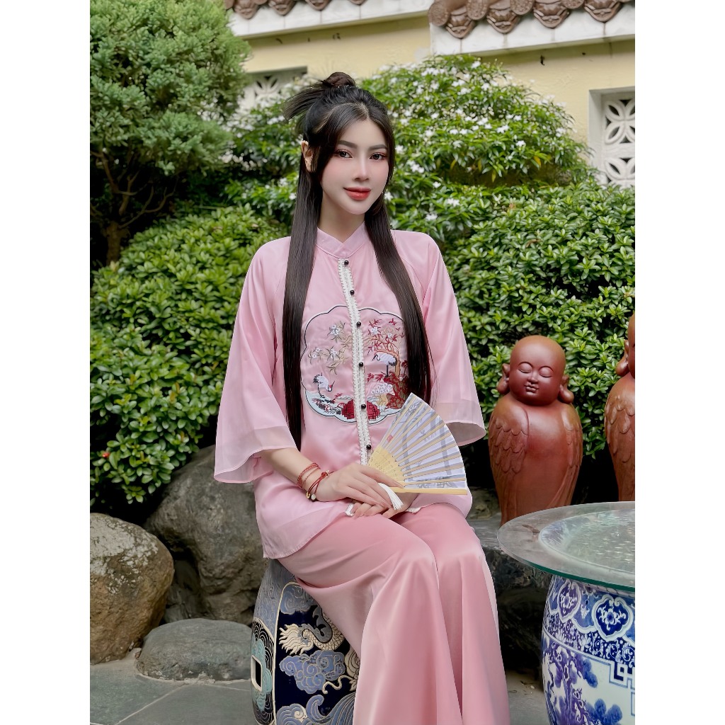 Đồ bộ đi chùa thêu hạc lụa voan tơ 2 lớp Pháp phục đi chùa nữ cổ tàu tay lỡ Đồ lam đi lễ dáng xuông cách tân Sang trọng