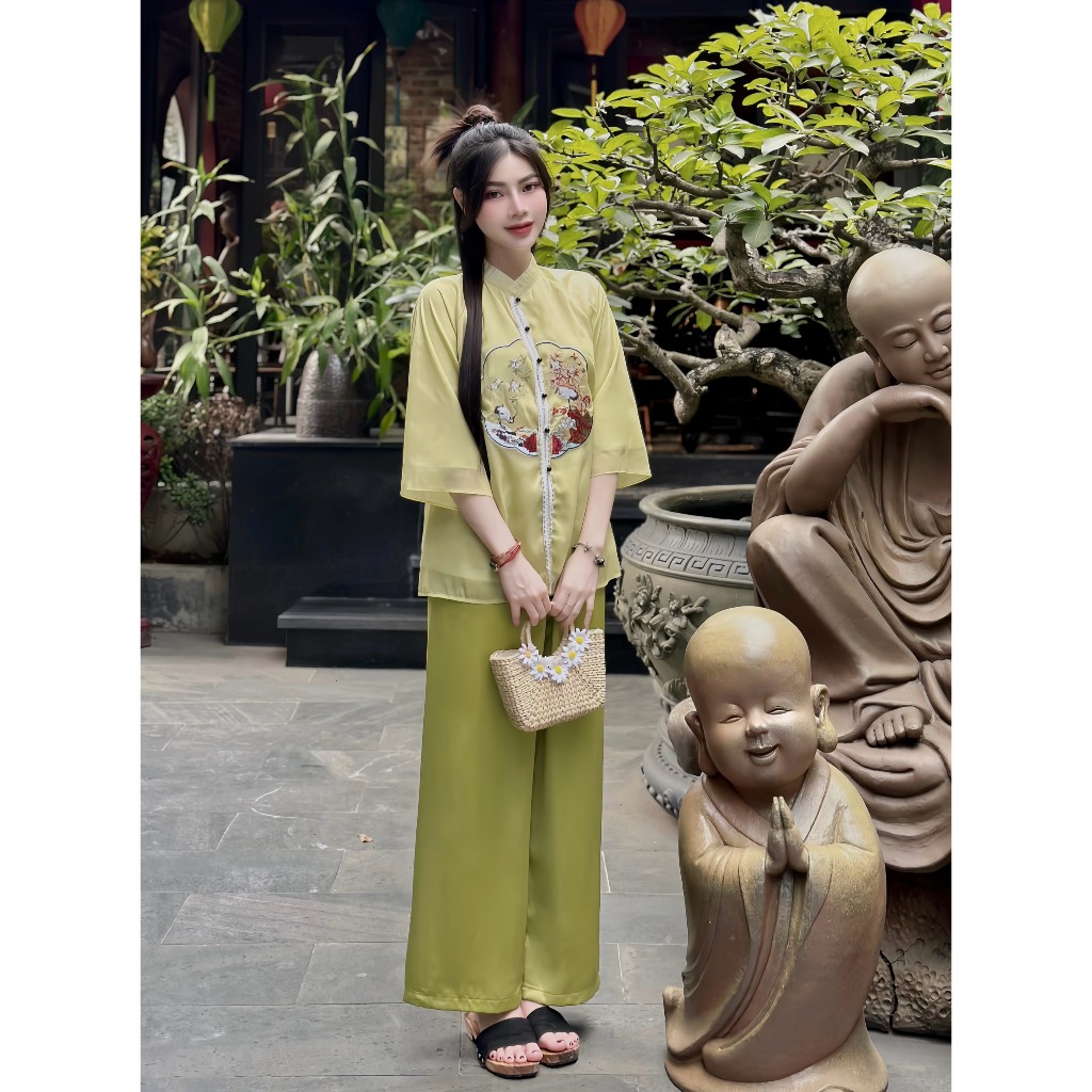 Đồ bộ đi chùa thêu hạc lụa voan tơ 2 lớp Pháp phục đi chùa nữ cổ tàu tay lỡ Đồ lam đi lễ dáng xuông cách tân Sang trọng