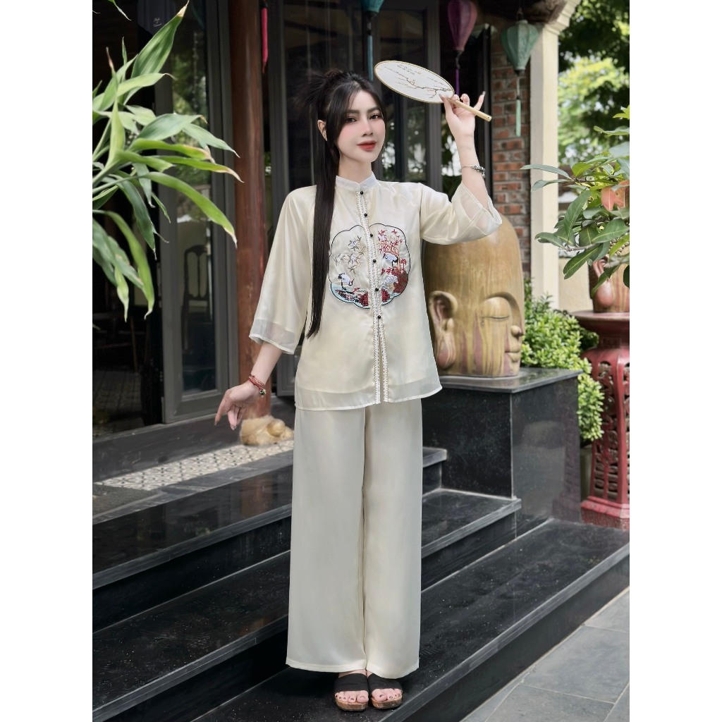 Đồ bộ đi chùa thêu hạc lụa voan tơ 2 lớp Pháp phục đi chùa nữ cổ tàu tay lỡ Đồ lam đi lễ dáng xuông cách tân Sang trọng