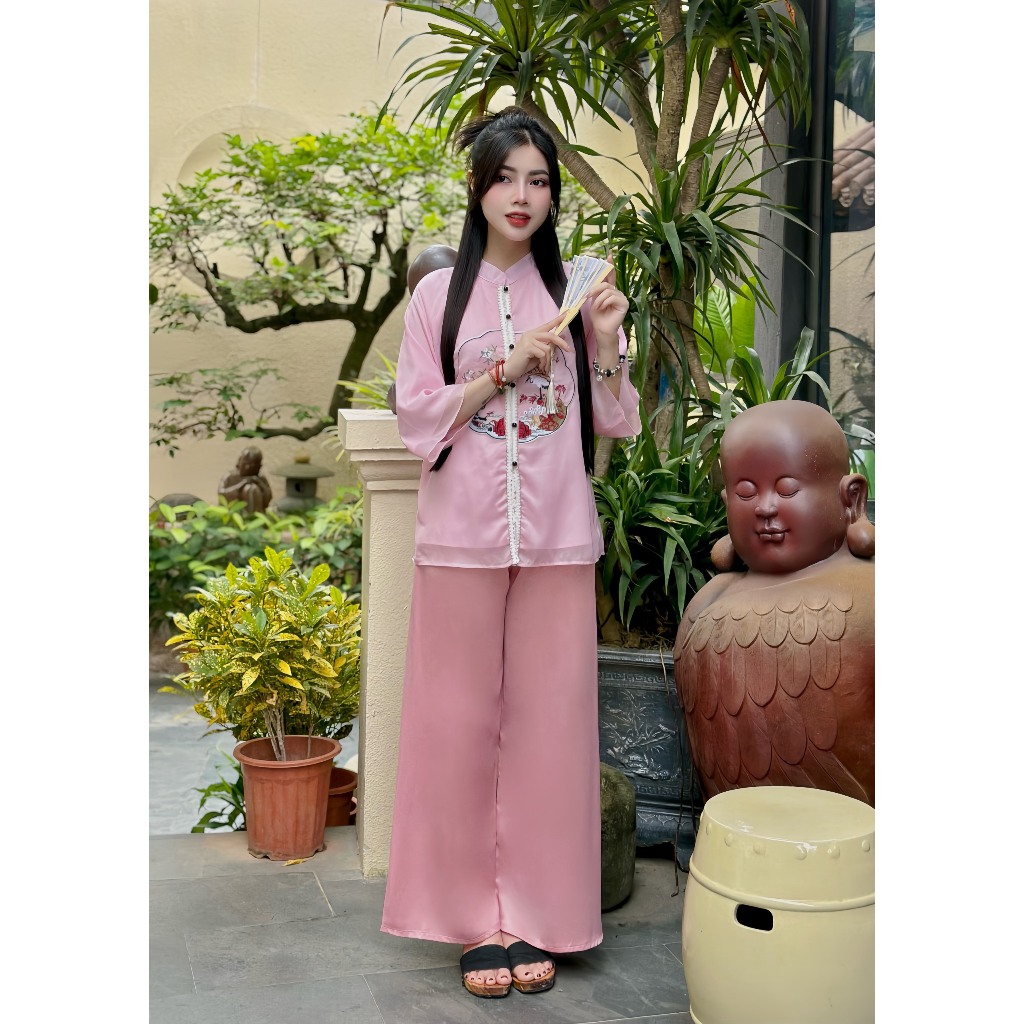 Đồ bộ đi chùa thêu hạc lụa voan tơ 2 lớp Pháp phục đi chùa nữ cổ tàu tay lỡ Đồ lam đi lễ dáng xuông cách tân Sang trọng