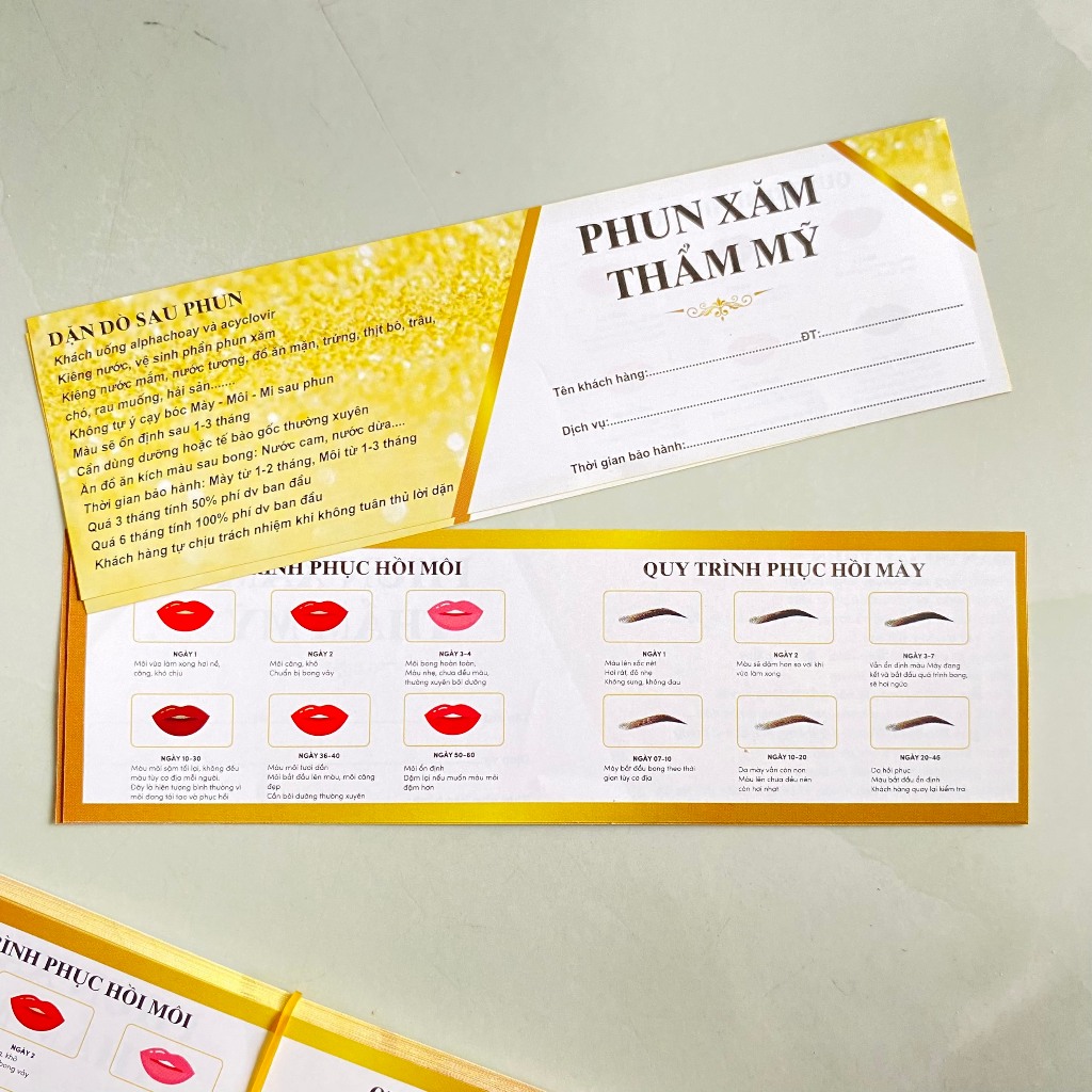 cOMBO 50 Phiếu bảo hành có sẵn - phiếu hướng dẫn chăm sóc sau phun xăm