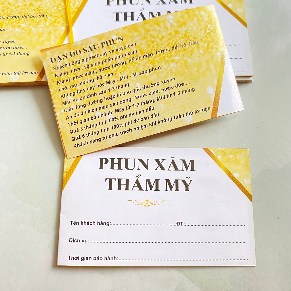 cOMBO 50 Phiếu bảo hành có sẵn - phiếu hướng dẫn chăm sóc sau phun xăm