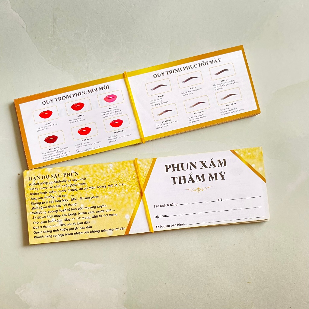 cOMBO 50 Phiếu bảo hành có sẵn - phiếu hướng dẫn chăm sóc sau phun xăm