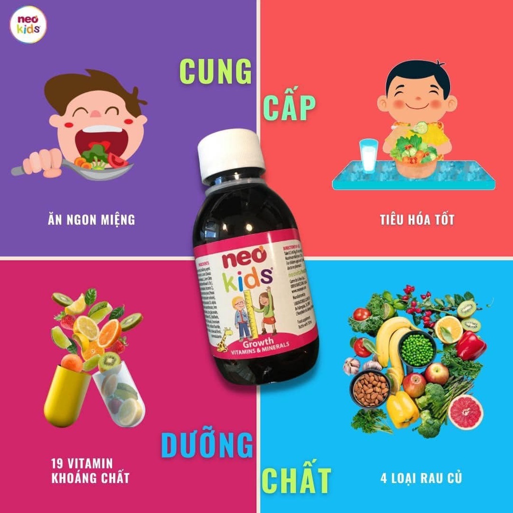 Combo 2 hộp Neo kids growth bổ sung vitamin và khoáng chất cho trẻ chai 150ml