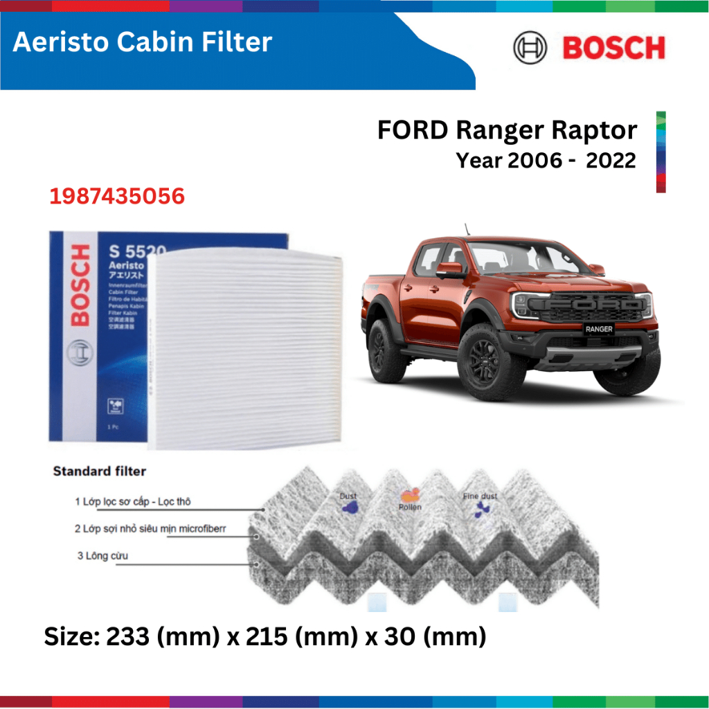 Lọc gió điều hòa BOSCH Aeristo, FORD Ranger Raptor đời xe 2006 đến 2022 ...