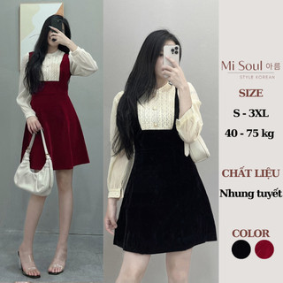 Váy Nhung Ngực Ren Tay Voan Sang Chảnh Bigsize Thiết Kế Misoul, Đầm Nhung Sang Chảnh Tiểu Thư 122