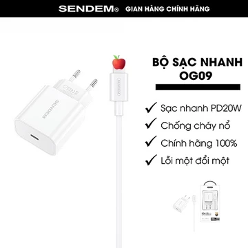 Bộ Sạc Nhanh, Củ Sạc Nhanh, Cáp Sạc Nhanh PD20W Chính Hãng SENDEM OG09 Gồm Củ Sạc Và Cáp Sạc Dành Cho Máy 8P-14Promax