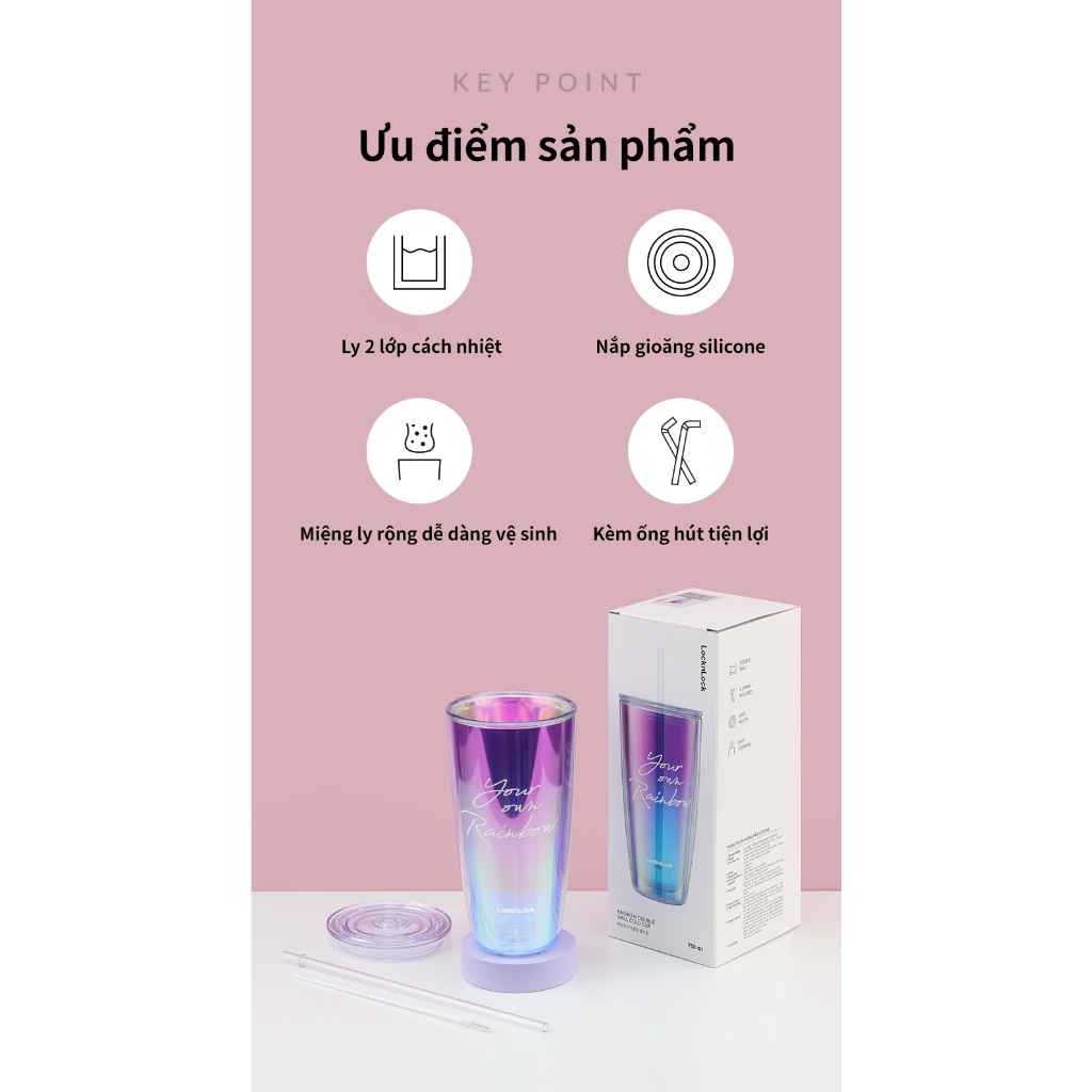 Ly nhựa 2 lớp LocknLock Rainbow double wall cold cup 750ml HAP507 , kèm ống hút và cọ rửa  - K-MALL