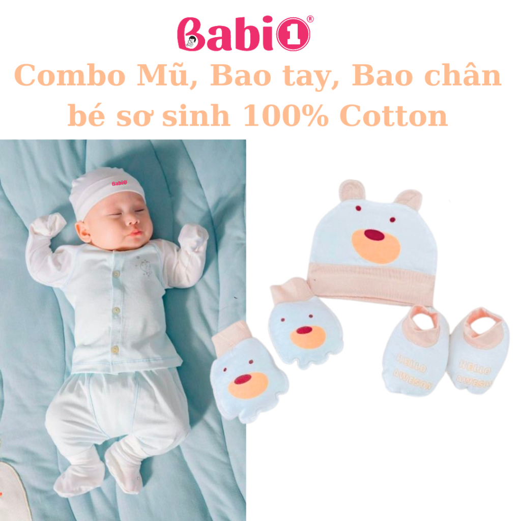 Set Bao Tay Bao Chân Mũ Sơ Sinh BABIONE Combo 3in1 100% Cotton Mềm Mại