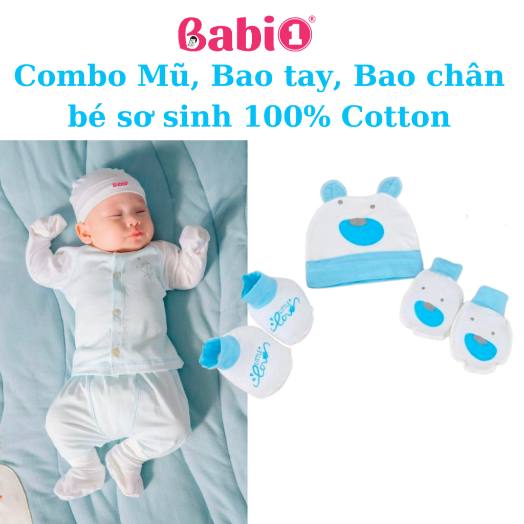 Set Bao Tay Bao Chân Mũ Sơ Sinh BABIONE Combo 3in1 100% Cotton Mềm Mại