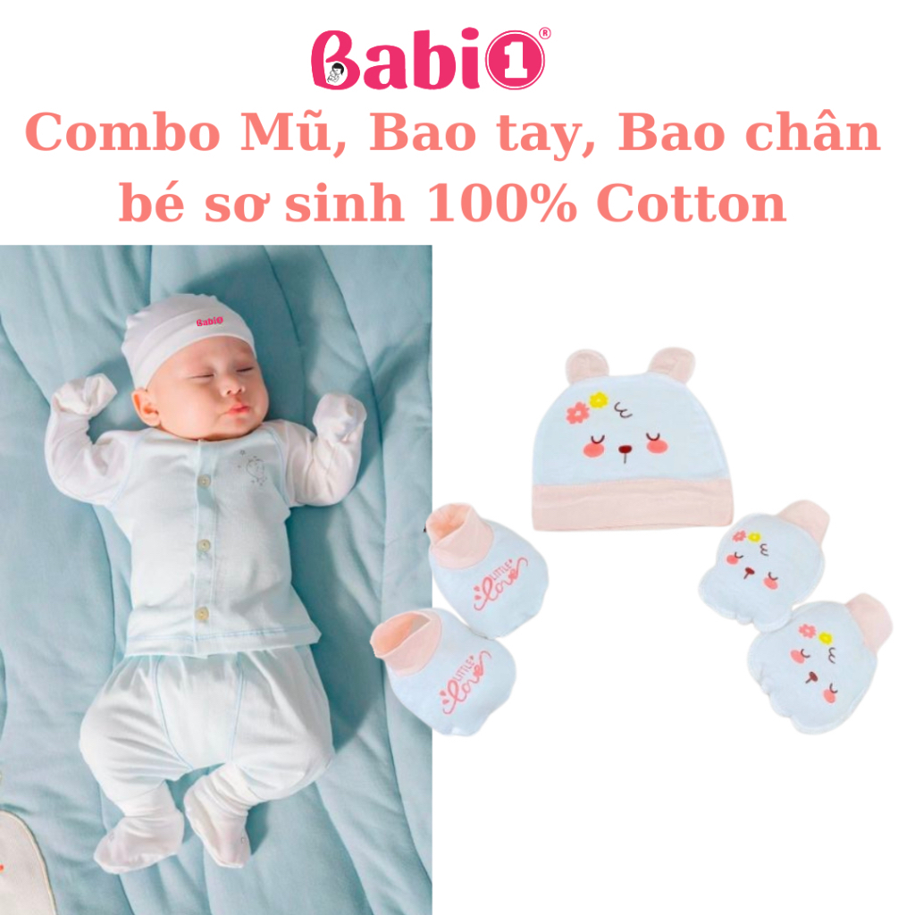 Set Bao Tay Bao Chân Mũ Sơ Sinh BABIONE Combo 3in1 100% Cotton Mềm Mại