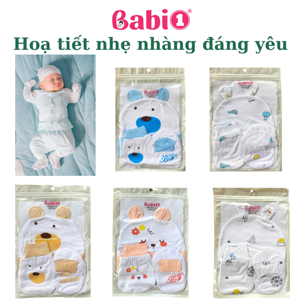 Set Bao Tay Bao Chân Mũ Sơ Sinh BABIONE Combo 3in1 100% Cotton Mềm Mại