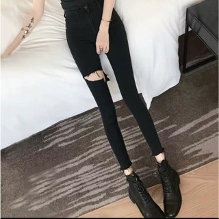 Quần jean nữ dài màu đen AMILY rách đùi to Lưng cao co dãn mạnh có BIGSIZE tới 70kg