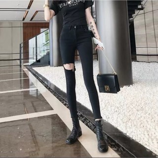 Quần jean nữ dài màu đen AMILY rách đùi to Lưng cao co dãn mạnh có BIGSIZE tới 70kg