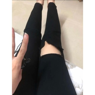 Quần jean nữ dài màu đen AMILY rách đùi to Lưng cao co dãn mạnh có BIGSIZE tới 70kg