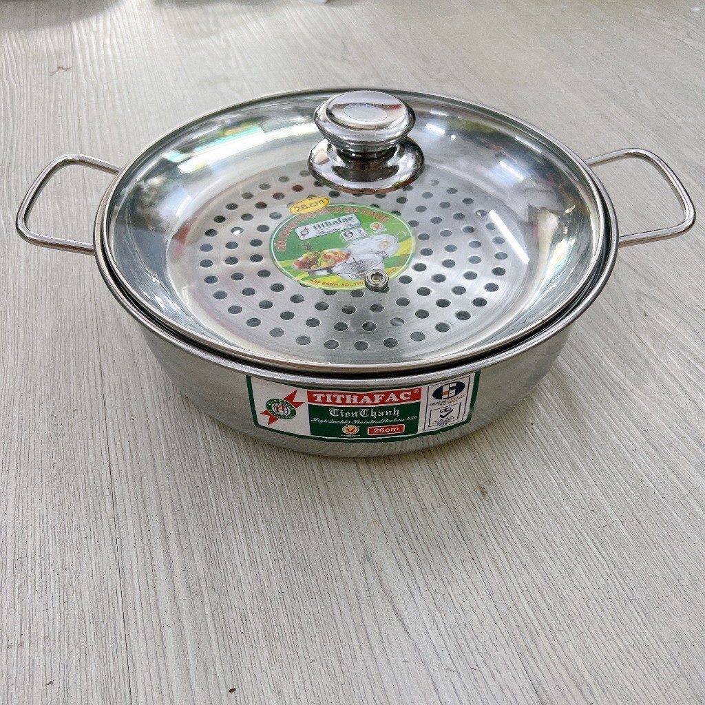 Nồi lẩu vung kính kèm xửng hấp TITHAFAC Cao cấp - Nồi lẩu hấp inox nắp kính đa năng size 20cm đến28cm