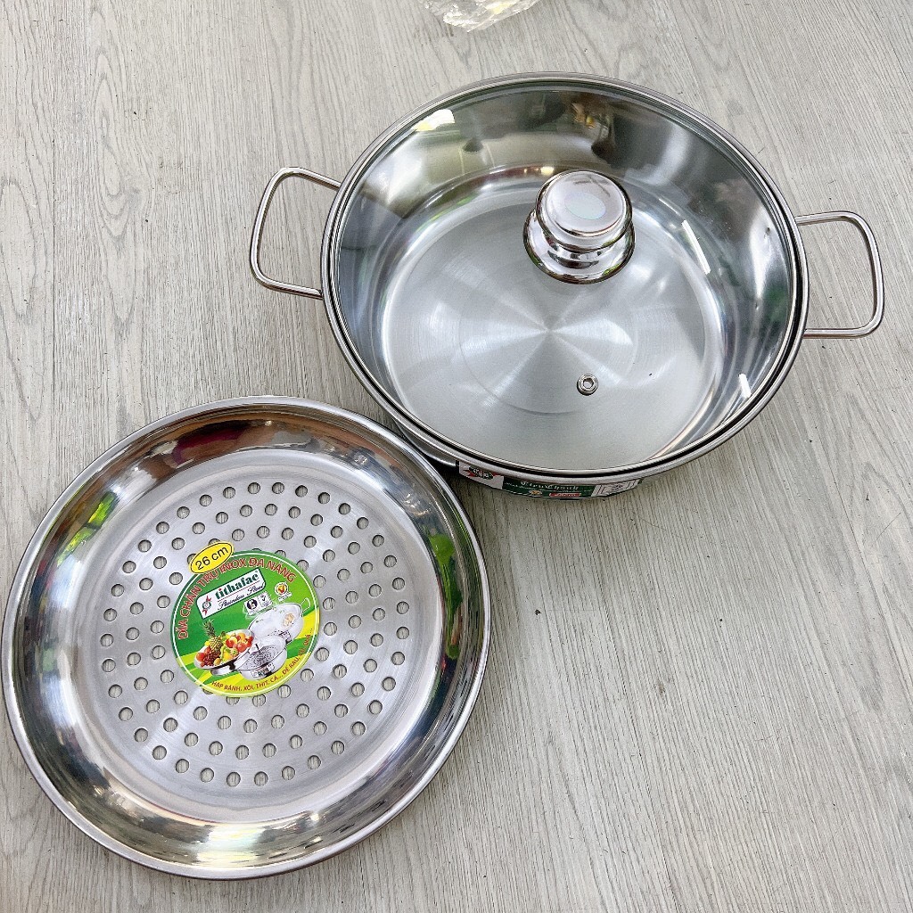 Nồi lẩu vung kính kèm xửng hấp TITHAFAC Cao cấp - Nồi lẩu hấp inox nắp kính đa năng size 20cm đến28cm