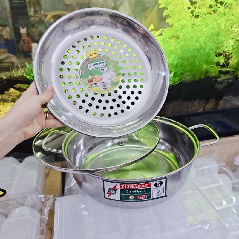 Nồi lẩu vung kính kèm xửng hấp TITHAFAC Cao cấp - Nồi lẩu hấp inox nắp kính đa năng size 20cm đến28cm