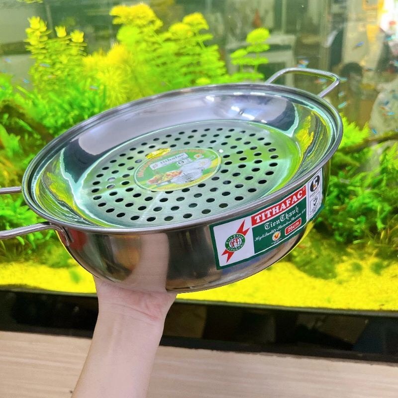 Nồi lẩu vung kính kèm xửng hấp TITHAFAC Cao cấp - Nồi lẩu hấp inox nắp kính đa năng size 20cm đến28cm