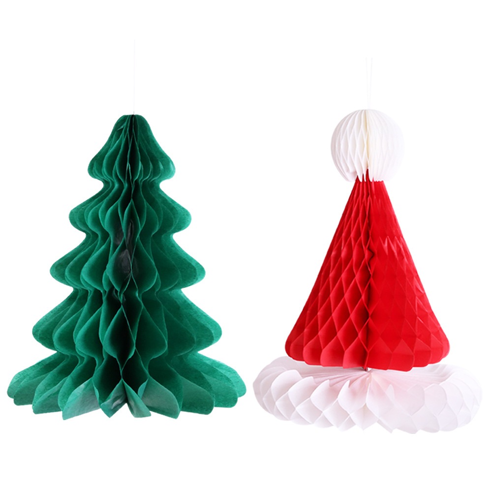 Mũ và cây thông noel giấy xếp tổ ong treo trang trí Giáng Sinh - Đồ treo trang trí Giáng sinh đẹp