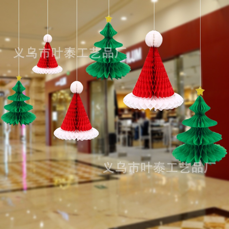Mũ và cây thông noel giấy xếp tổ ong treo trang trí Giáng Sinh - Đồ treo trang trí Giáng sinh đẹp