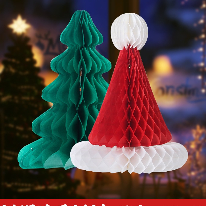 Mũ và cây thông noel giấy xếp tổ ong treo trang trí Giáng Sinh - Đồ treo trang trí Giáng sinh đẹp