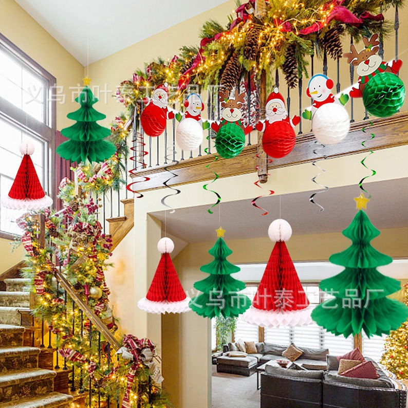 Mũ và cây thông noel giấy xếp tổ ong treo trang trí Giáng Sinh - Đồ treo trang trí Giáng sinh đẹp