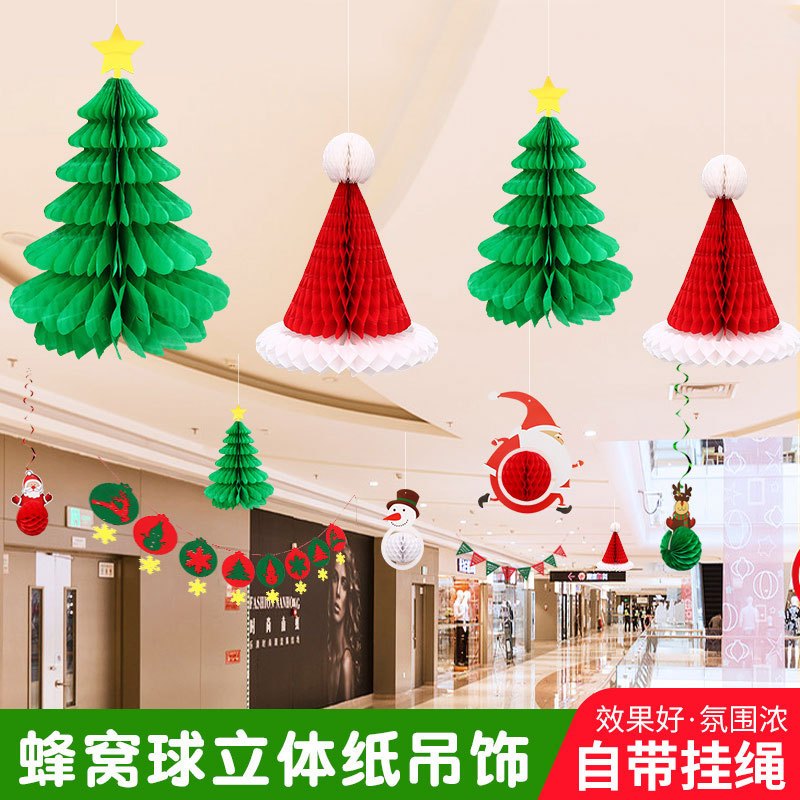 Mũ và cây thông noel giấy xếp tổ ong treo trang trí Giáng Sinh - Đồ treo trang trí Giáng sinh đẹp