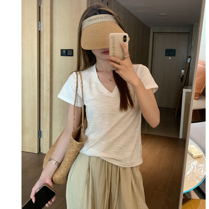 Áo thun nữ cổ tim tay ngắn,Áo thun chất Cotton xược, thun giấy nữ cổ V JULY