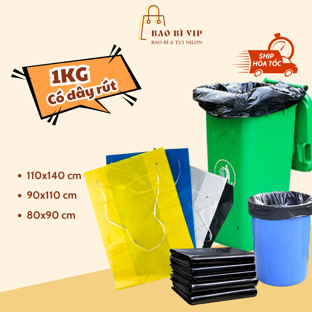 Túi rác có dây rút, 1kg/ bịch túi đựng chất thải không quai, túi rác ...