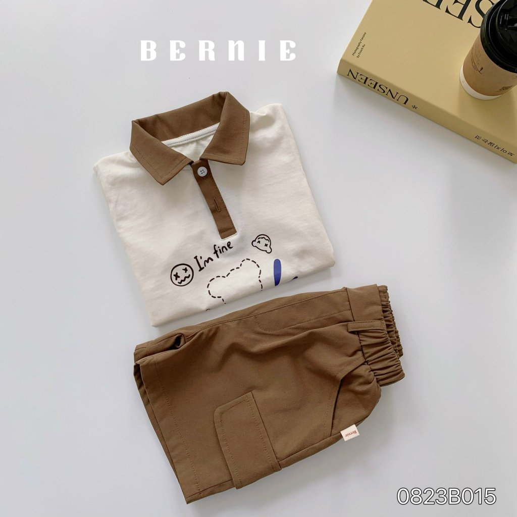 Bộ polo cộc tay in gấu cho bé, set bộ áo cotton quần kaki in hoạ tiết gấu bé trai