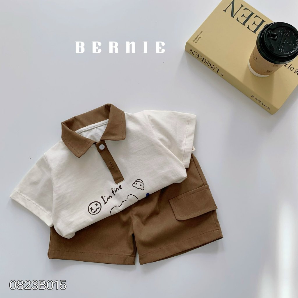 Bộ polo cộc tay in gấu cho bé, set bộ áo cotton quần kaki in hoạ tiết gấu bé trai
